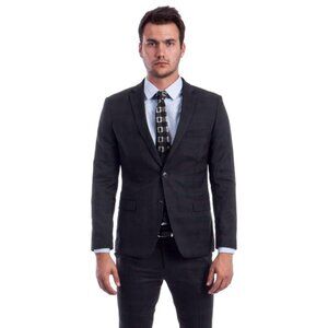 Men's Two Button Vested Skinny Fit Suit With Low Cut Vest In Black Plaid